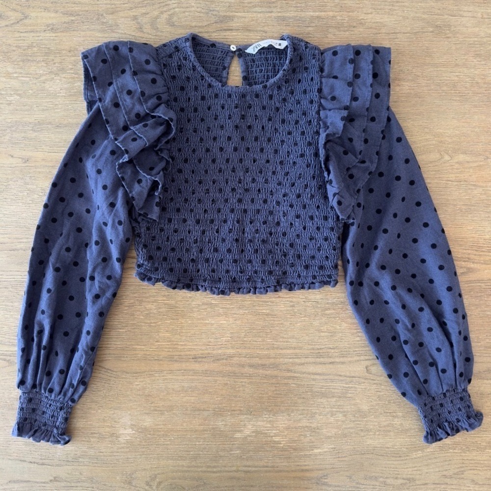 ZARA Polka Dot Smocked Ruffle Crop Top-Long Balloon Sleeve-Boho Festival-Blue - Picture 5 of 16